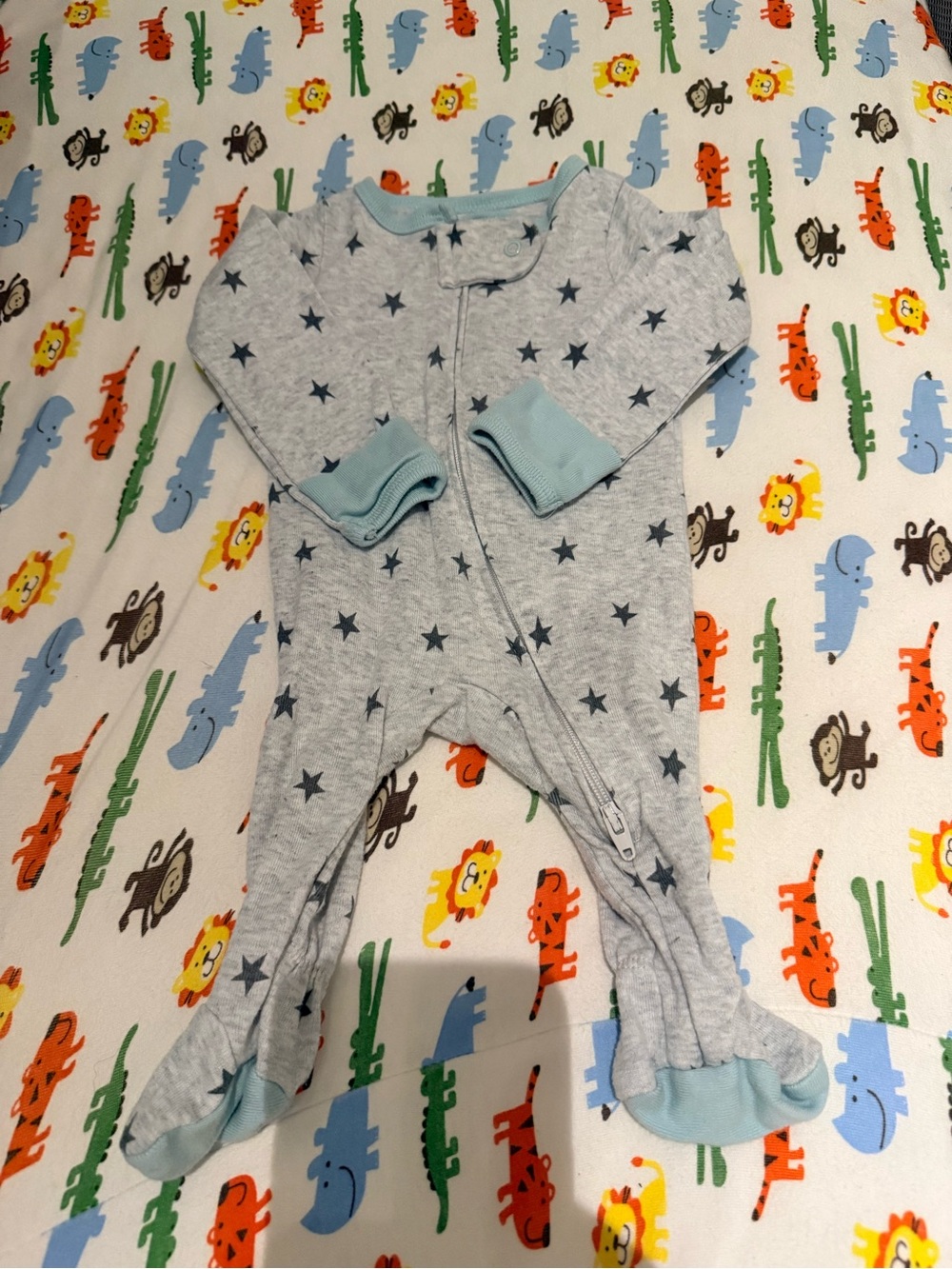 Gray Footed One-Piece with Navy Stars and Light Blue Trim and Light blue Onesies